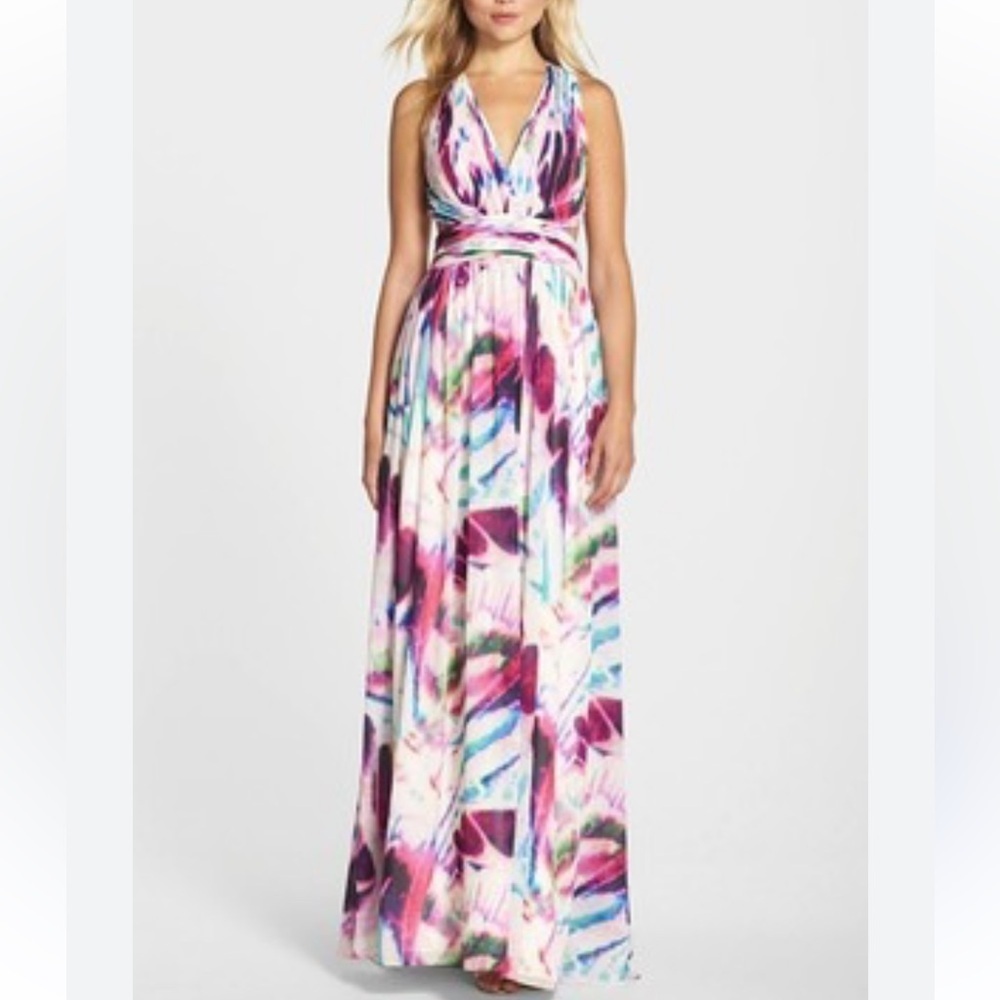 Aidan Mattox Halter Print Chiffon Open Back Gown Multicolor US 4